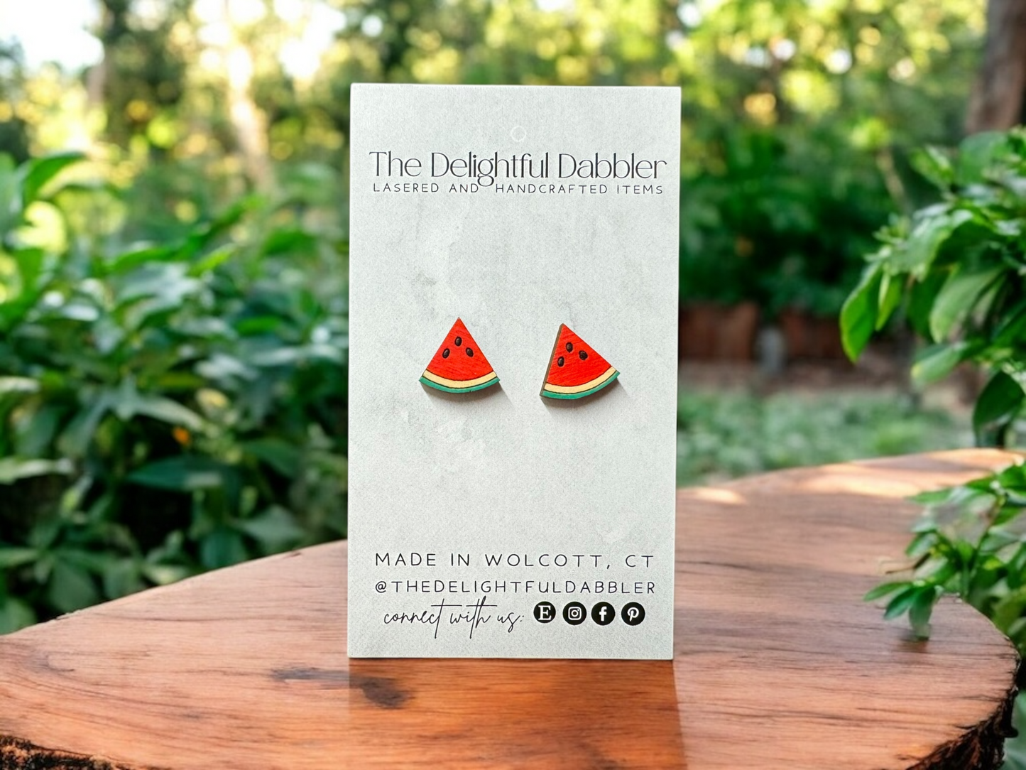 Watermelon Fruit Lasercut Earrings - Handpainted Wood Studs