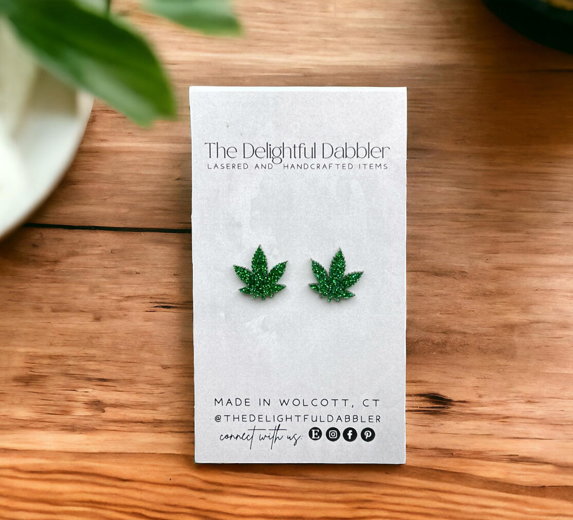 Green Glitter Weed Acrylic Stud Earrings