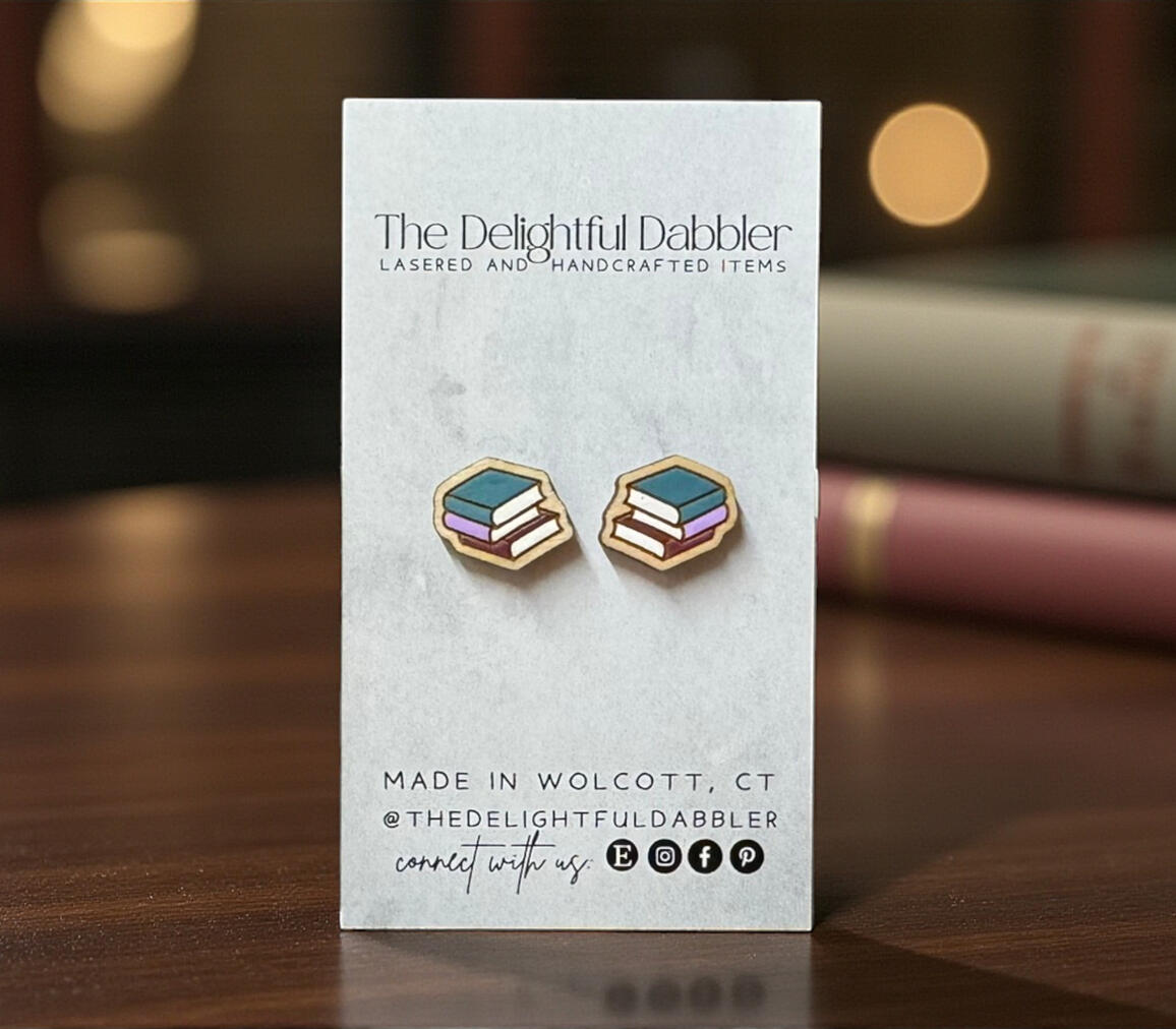 Teal Book Stack Wood Stud Earrings