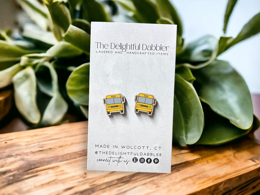 School Bus Lasercut Earrings - Handpainted Wood Studs