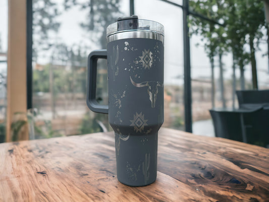 40oz Western Tumbler - Gray laser engraved