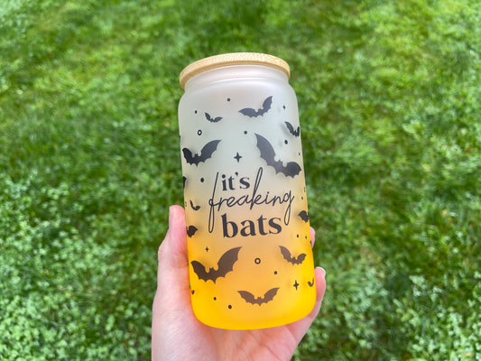 It's freakin bats - frosted beer can with straw and bamboo lid