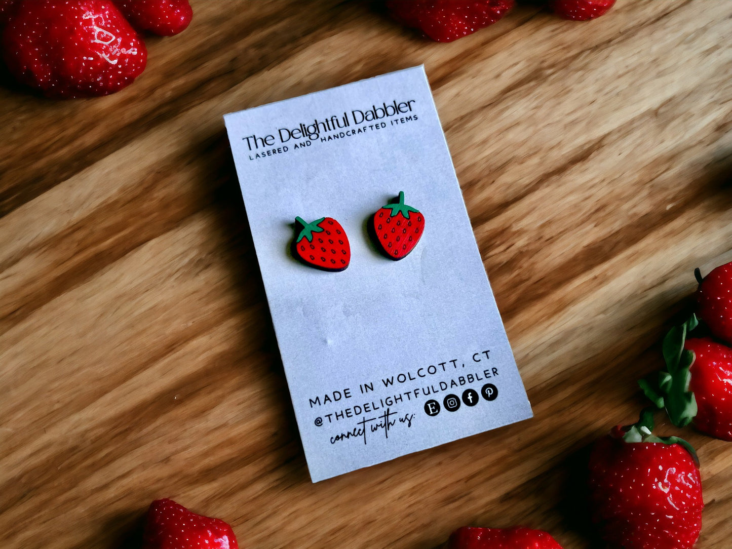 Strawberry Lasercut Fruit Earrings - Handpainted Wood Studs