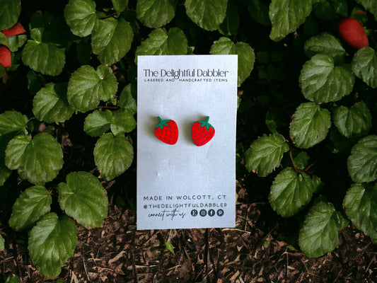 Strawberry Lasercut Fruit Earrings - Handpainted Wood Studs