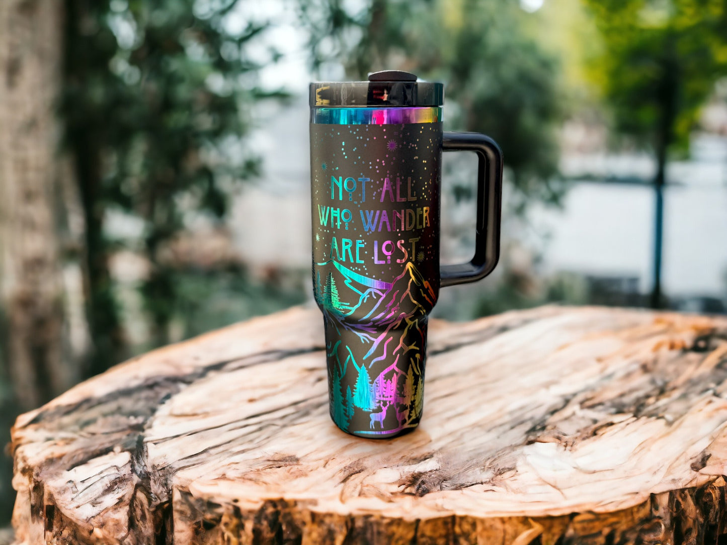 40oz Not all who wander are lost tumbler - Rainbow/Black