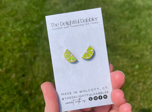 Lime Fruit Lasercut Earrings - Handpainted Wood Studs