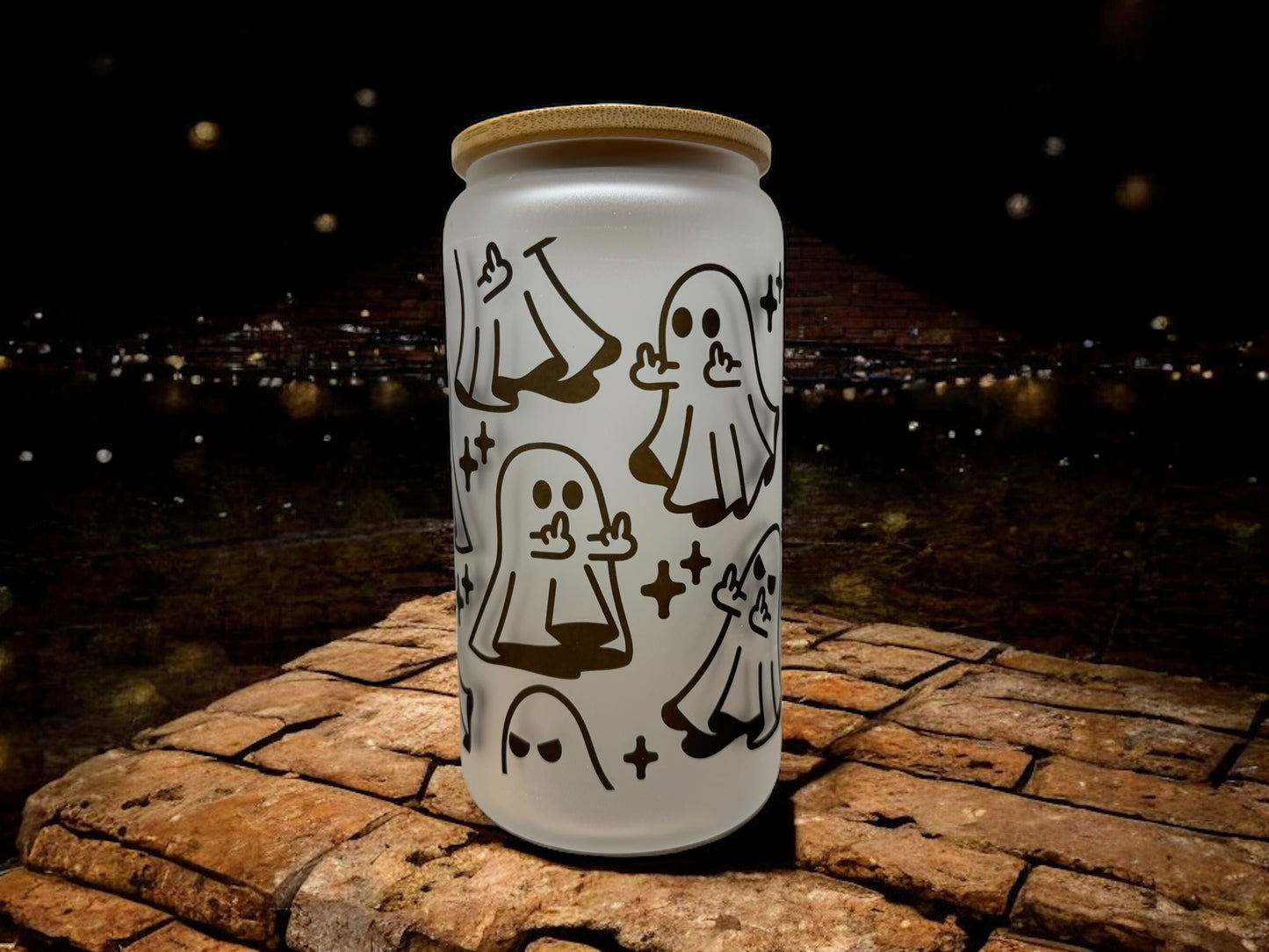 Ghosts with middle finger design beer can with straw and bamboo lid