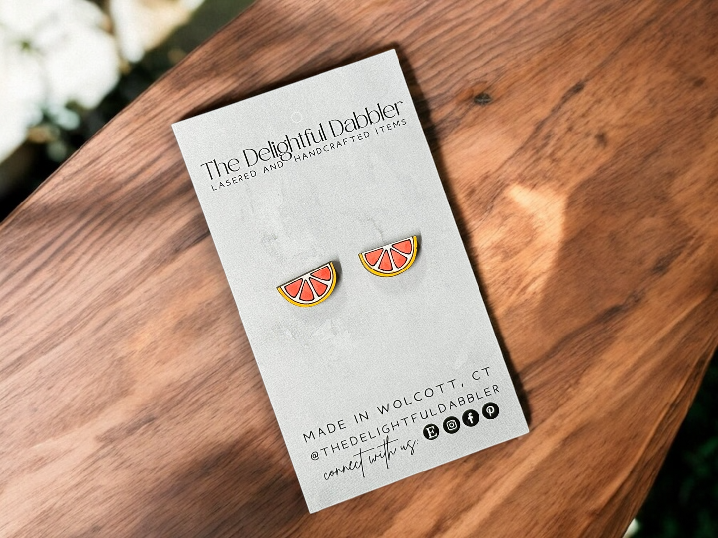 Grapefruit Slice  Lasercut Earrings - Handpainted Wood Studs