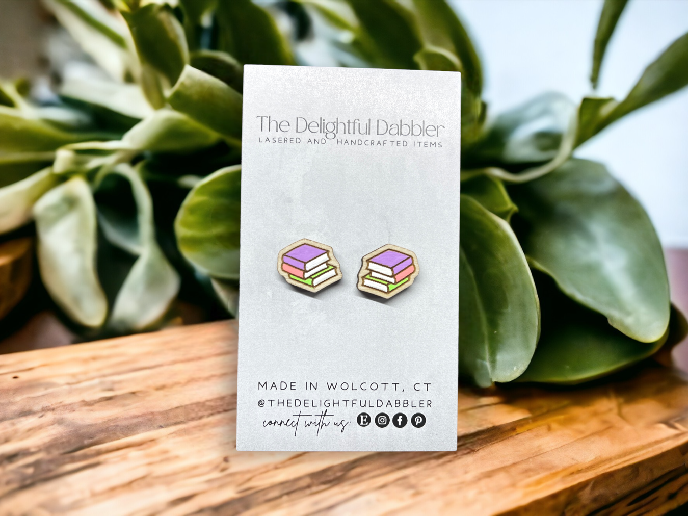 Book Stack Lasercut Earrings - Handpainted Wood Studs, Booktok Gift