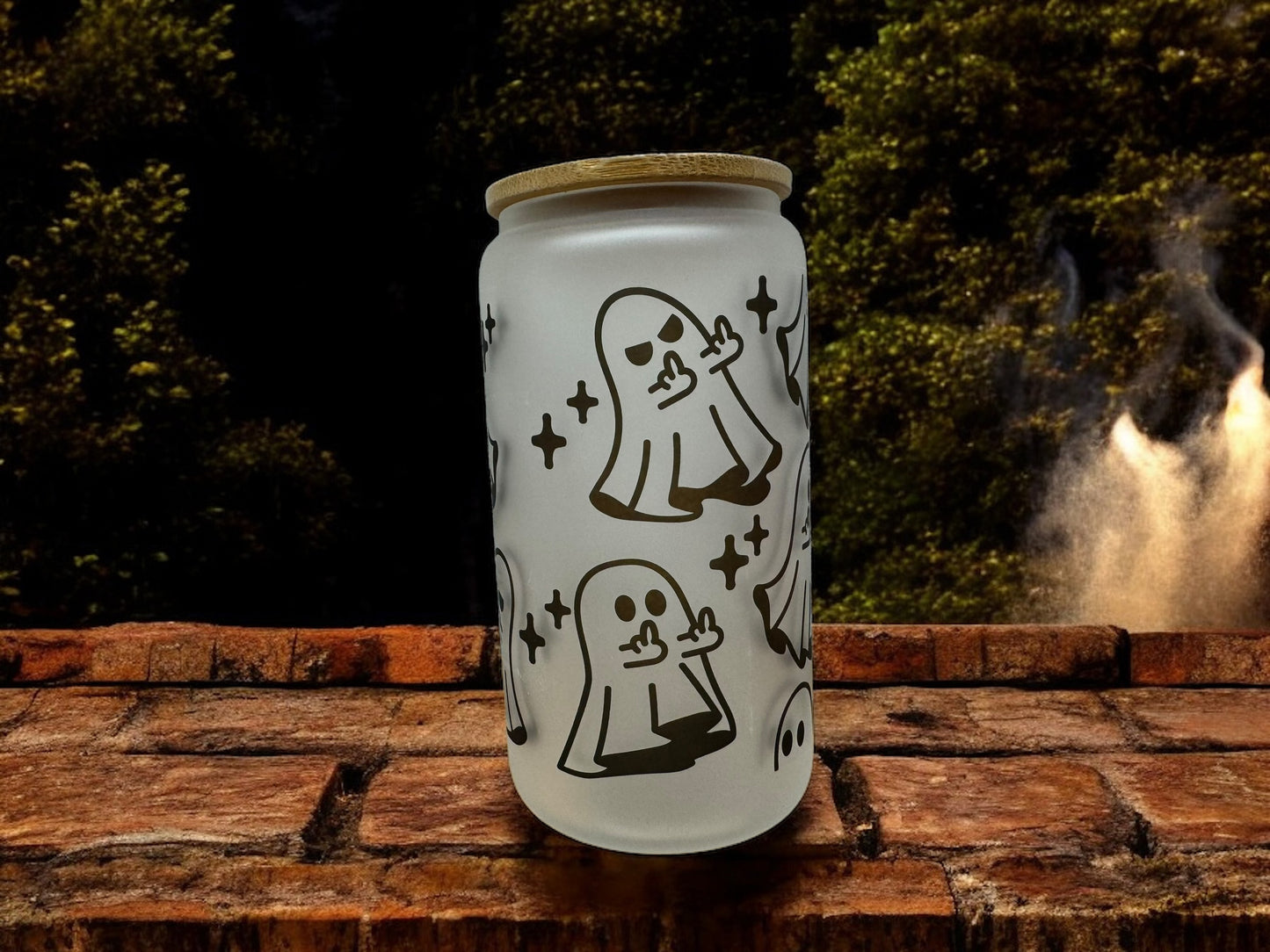 Ghosts with middle finger design beer can with straw and bamboo lid