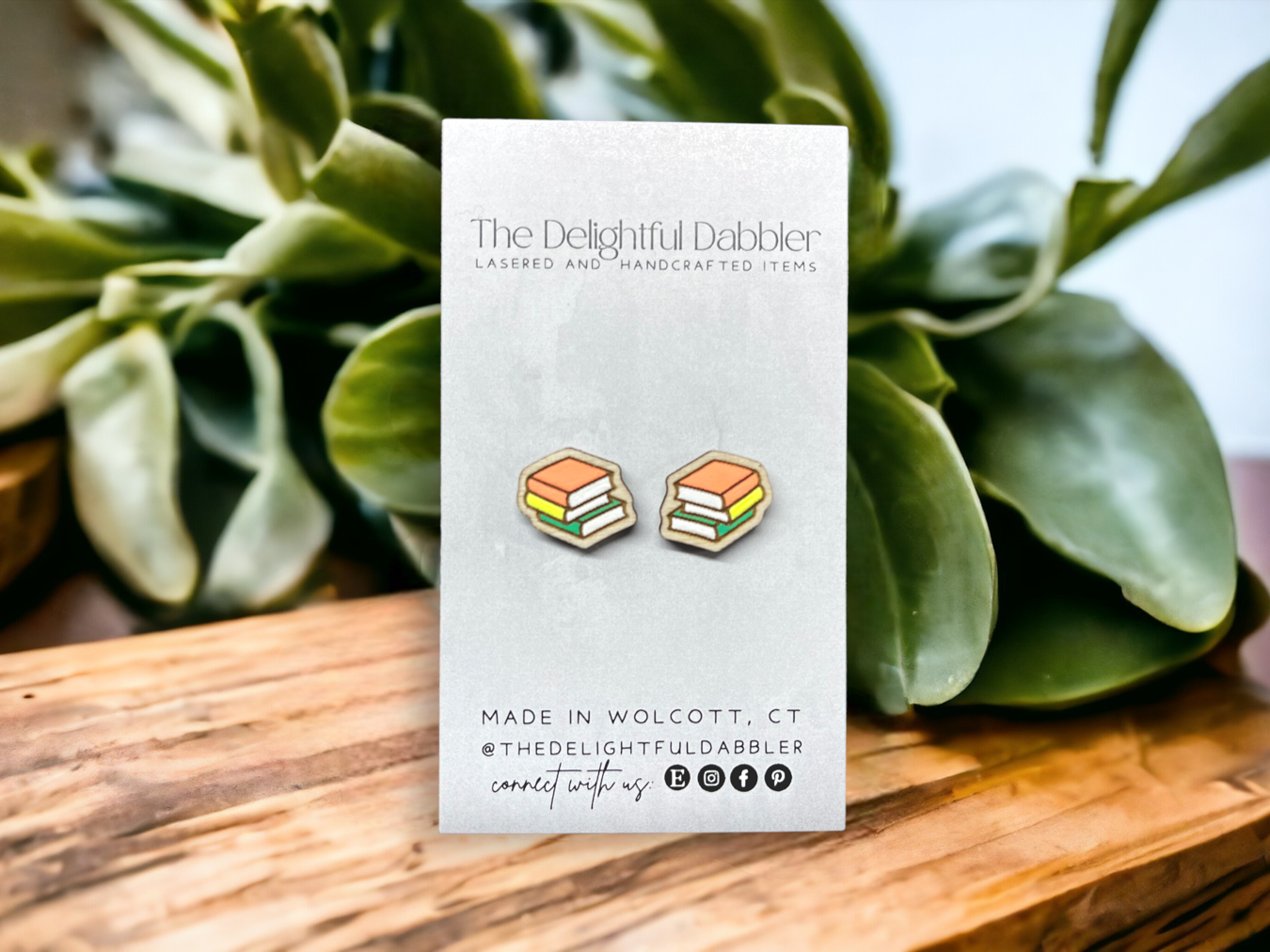 Book Stack Lasercut Earrings - Handpainted Wood Studs, Booktok Gift