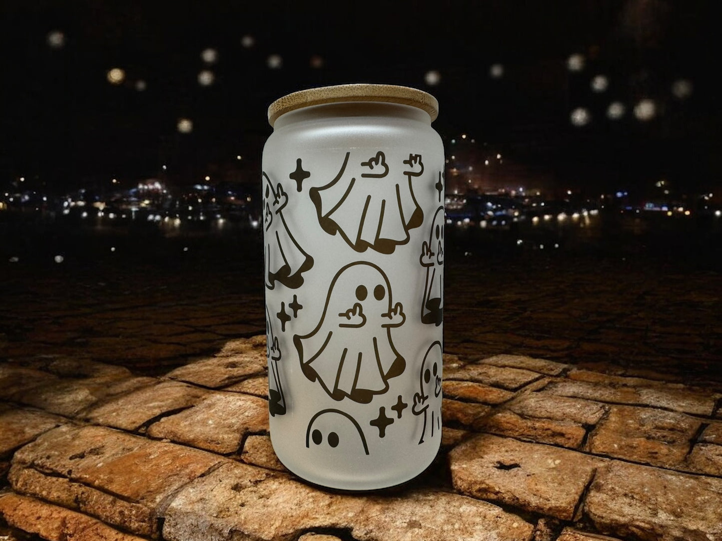 Ghosts with middle finger design beer can with straw and bamboo lid