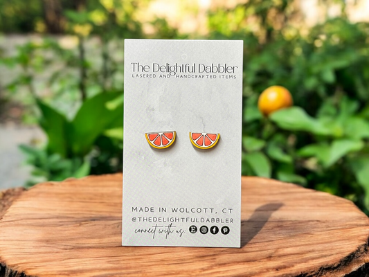Grapefruit Slice  Lasercut Earrings - Handpainted Wood Studs