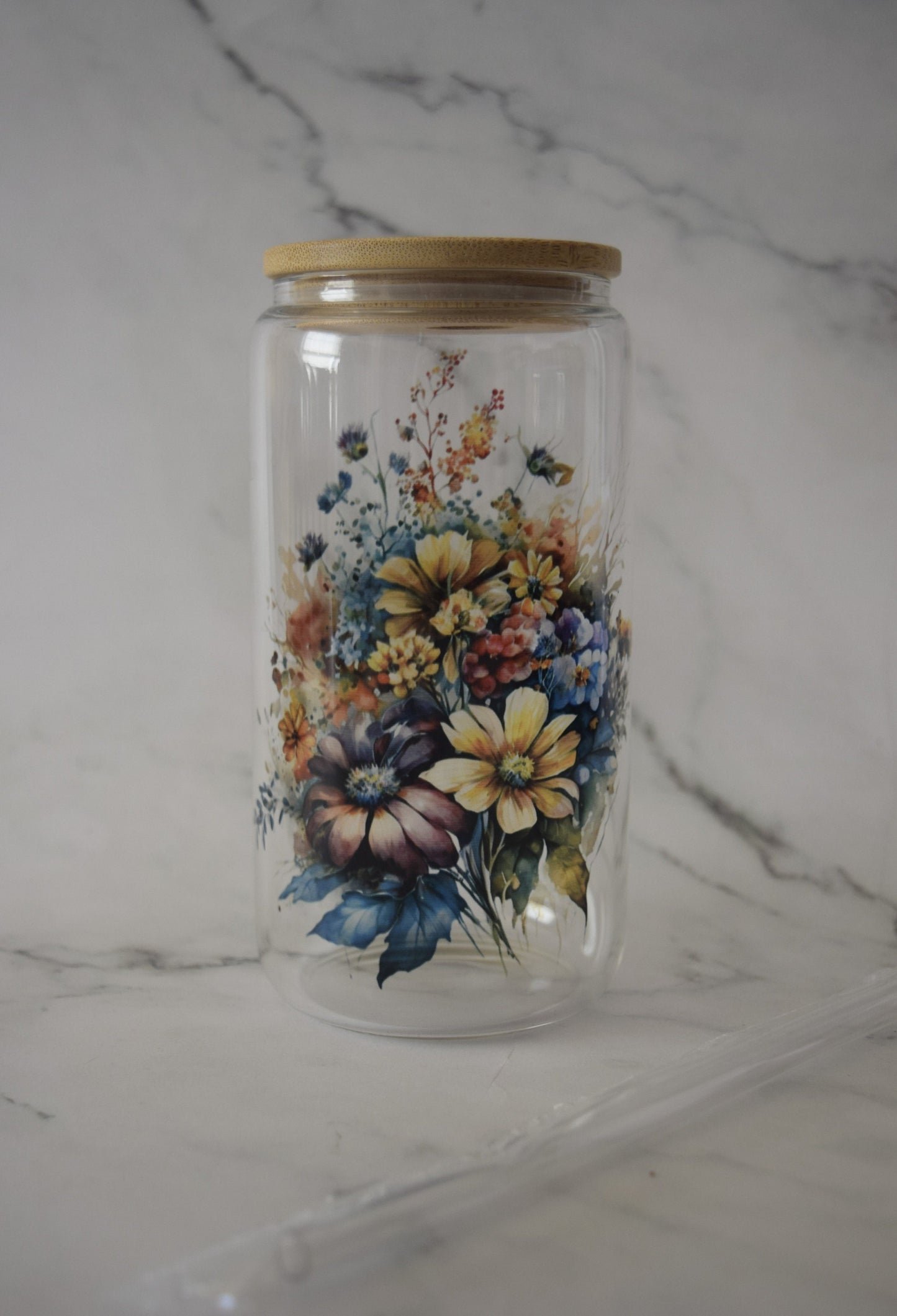 Floral Glass Can Cup with lid and straw