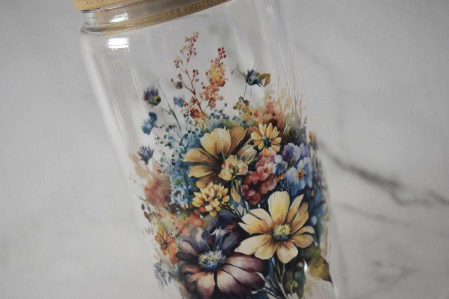 Floral Glass Can Cup with lid and straw