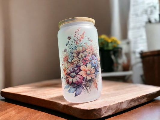 Floral Glass Can Cup with lid and straw