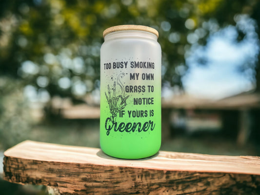 Grass is greener glass beer can with lid and straw or stainless mug with handle