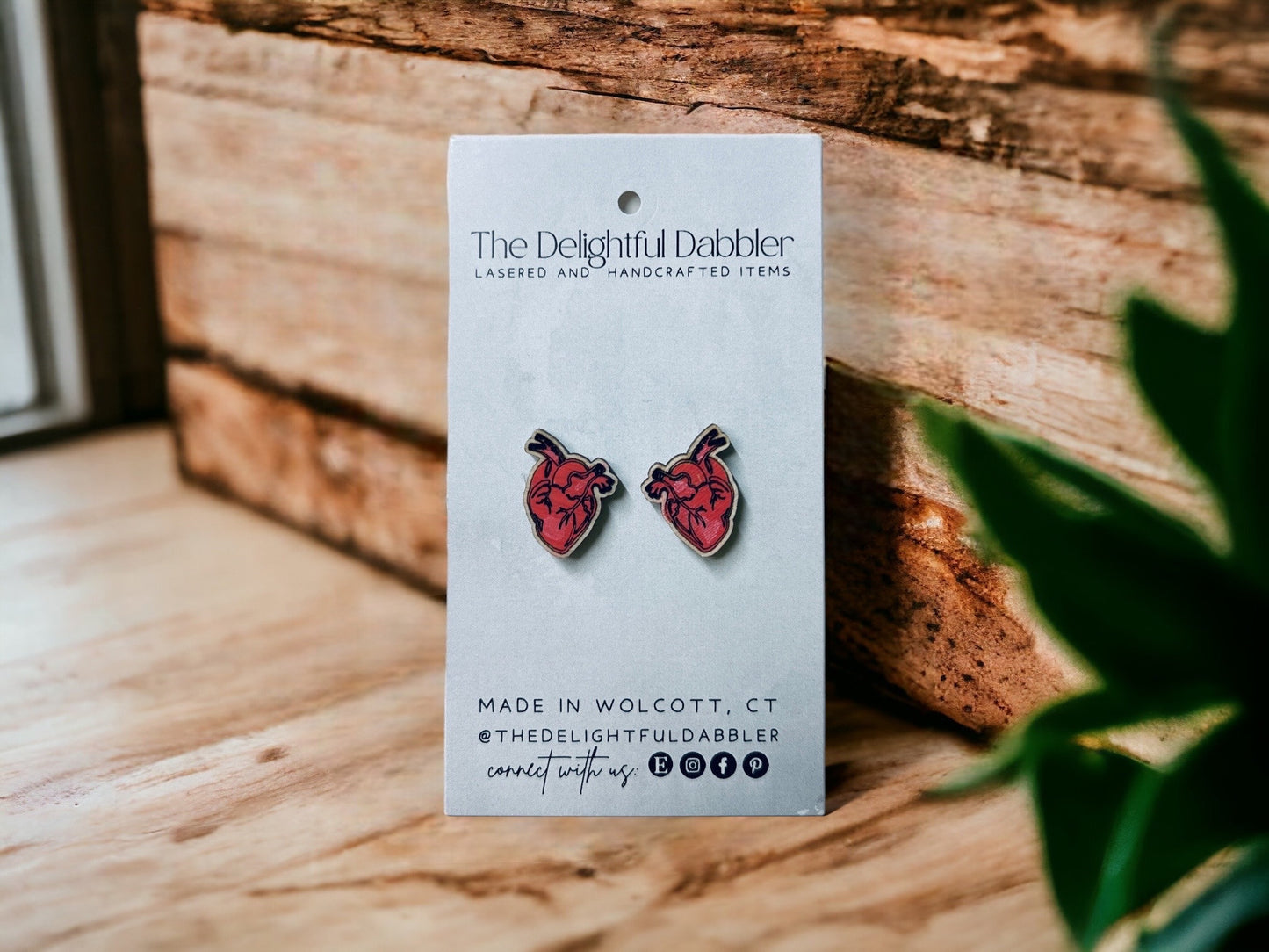 Anatomical Human Heart Wood Stud Earrings