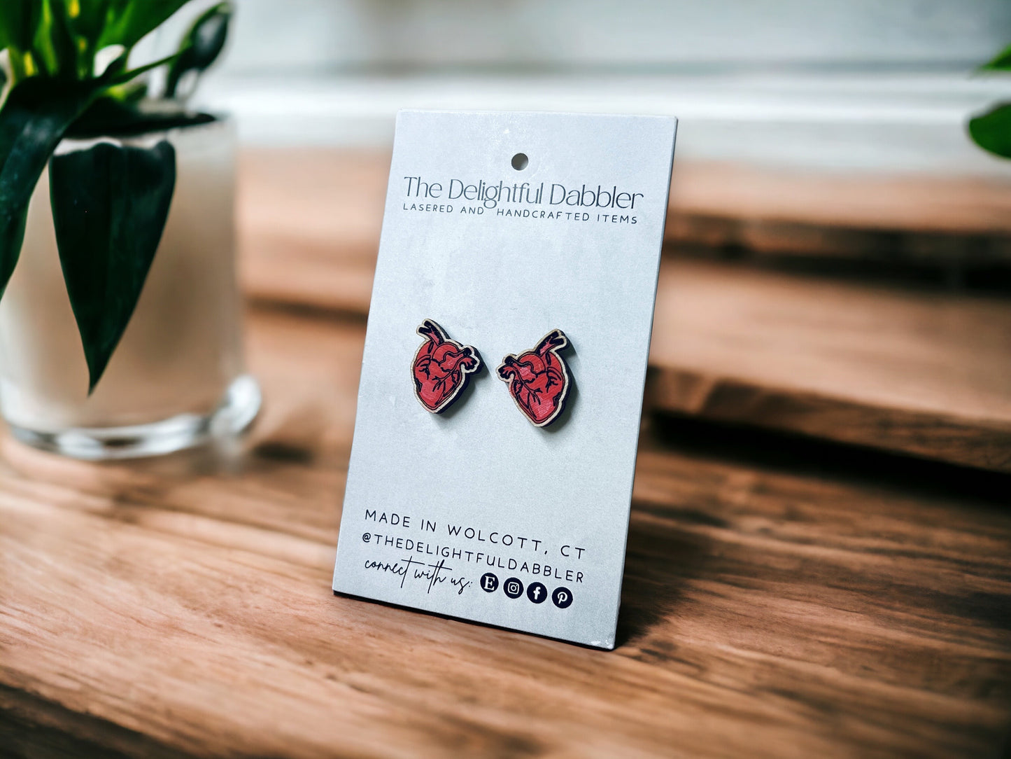 Anatomical Human Heart Wood Stud Earrings